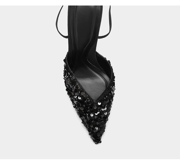 Black Sequined Stiletto Strap Toe Pointed Strappy Toe Shoes