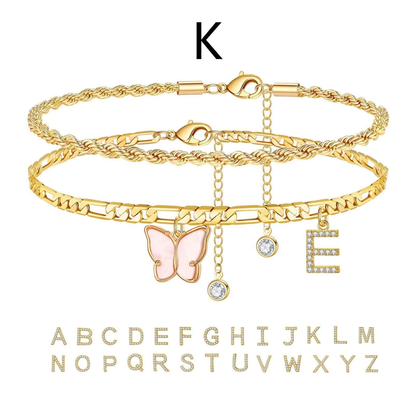 26 Buchstaben Fußschmuck Damen Schmetterling Doppellagig Stapel