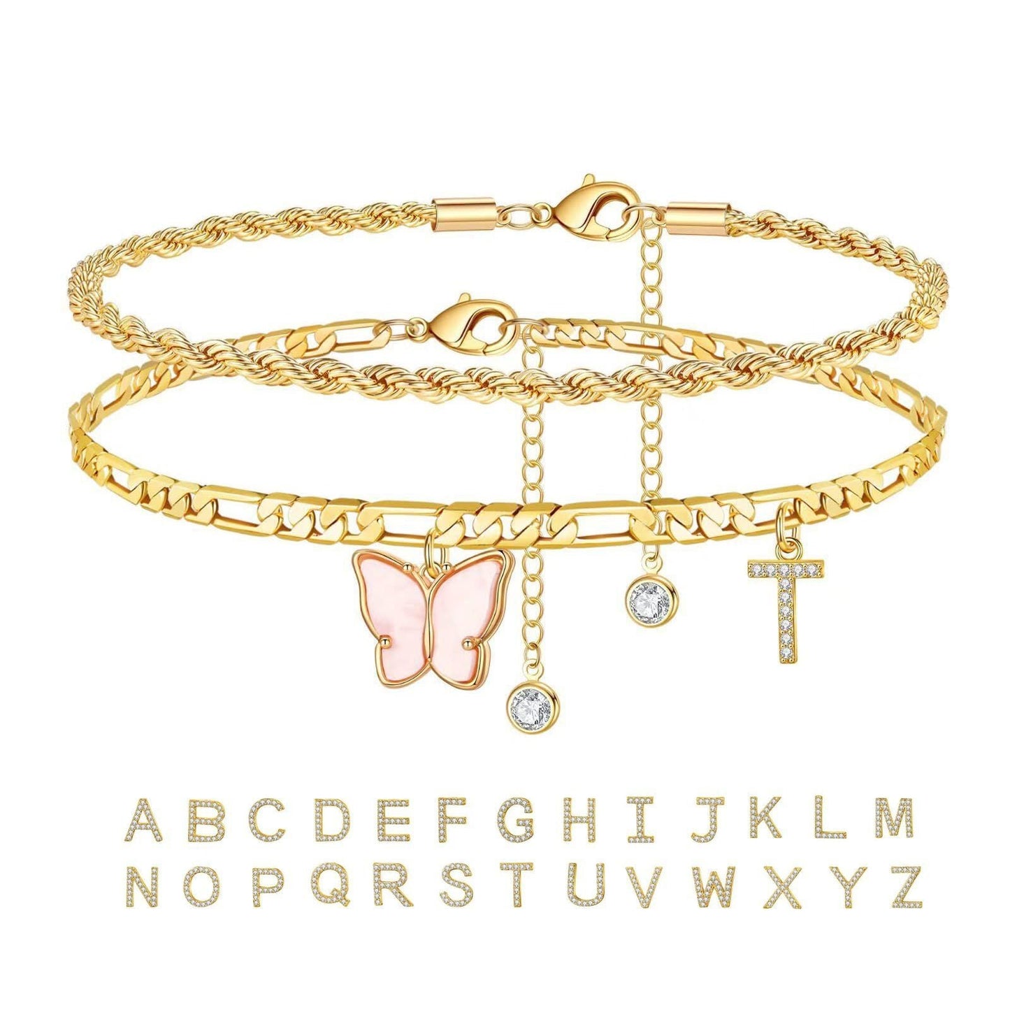 26 Buchstaben Fußschmuck Damen Schmetterling Doppellagig Stapel