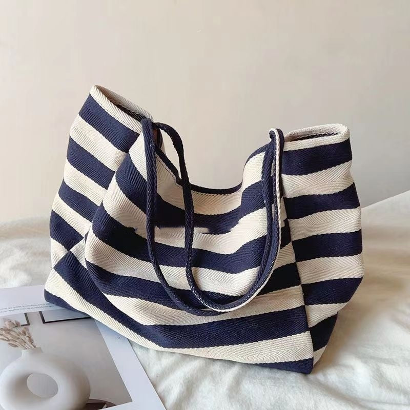 Ins Künstlerische Kontrast Farbe Gestreiften Canvas Tasche Große Kapazität