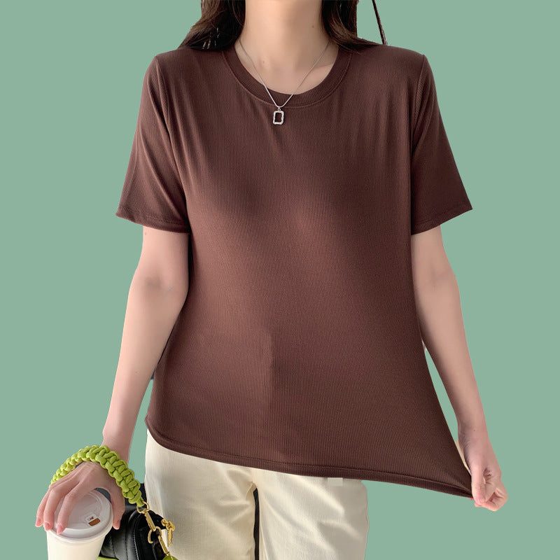 Damen Rundhals Bottoming Shirt Strickoberteil T-Shirt mit kurzen Ärmeln