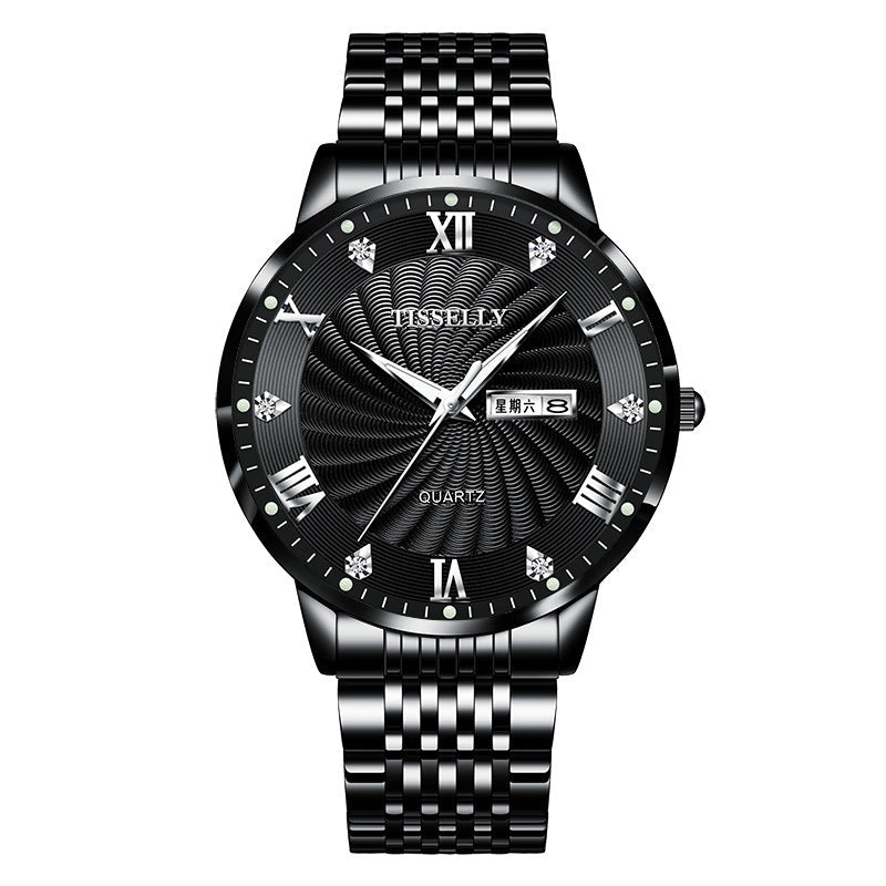Herrenuhr mit Stahlband und doppeltem Kalender, wasserdicht, leuchtende Quarzuhr