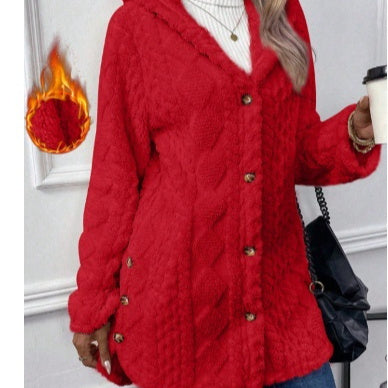 Strickjacke mit Kapuze und Knopf, lange Jacke, Winter, einfarbig, langärmelig