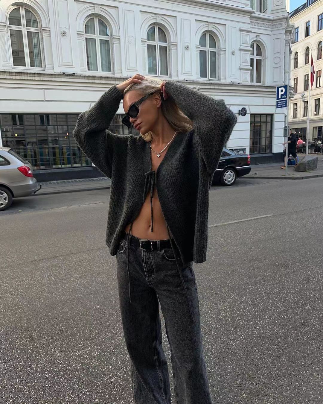 Pullovermantel mit Strickjacke im Retro-Stil für Damen mit einfacher Textur und sanftem Stil