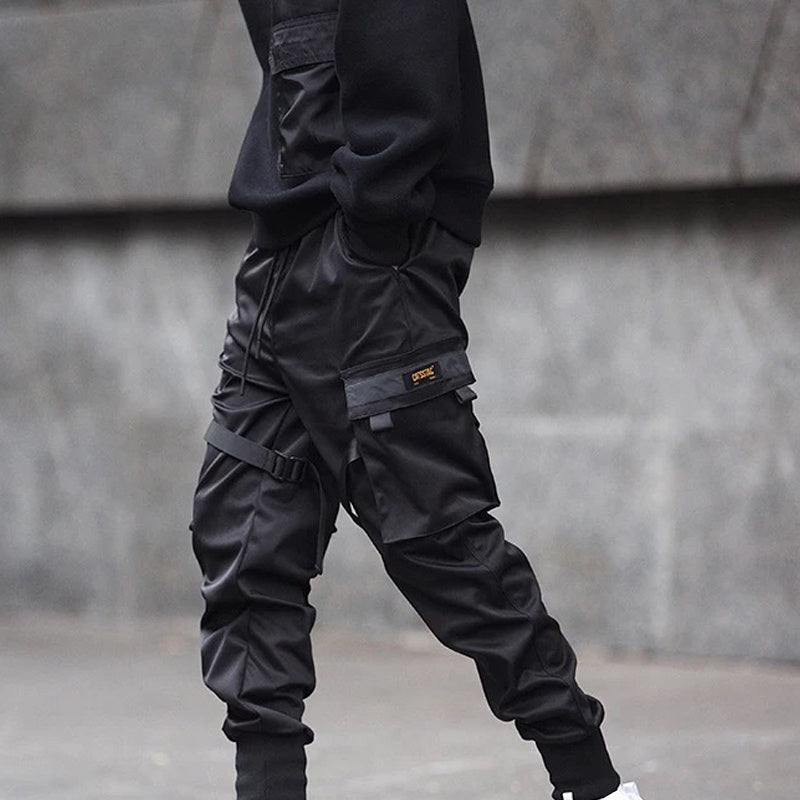 Heißer Verkauf Männer Schwarz Hip Hop Cargo Hosen Elastische Taille Jogger Hosen Jogginghose Taschen Voller Länge Casual Mode