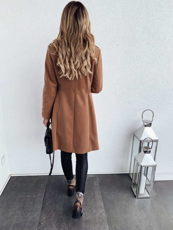 Herbst und Winter einfarbig langärmeliger zweireihiger mittellanger Wollmantel