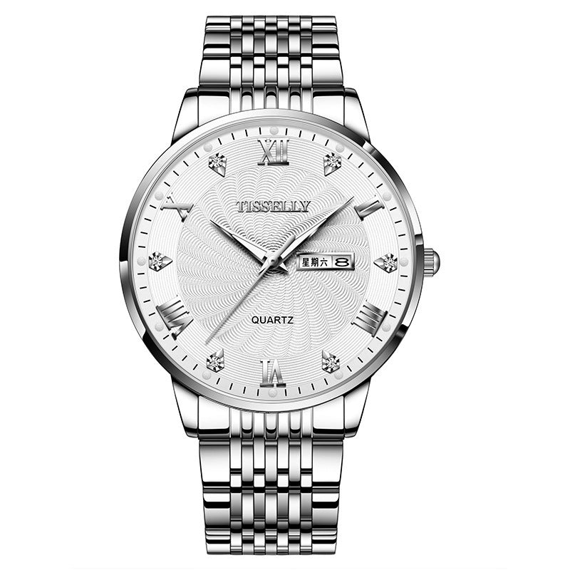 Herrenuhr mit Stahlband und doppeltem Kalender, wasserdicht, leuchtende Quarzuhr