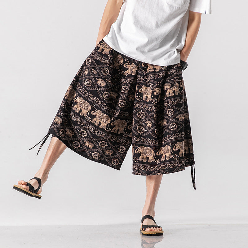 Locker sitzende Herrenhose im chinesischen Stil mit Elefantenblume, verkürzte große Badehose, Rettich-Strandblumenhose