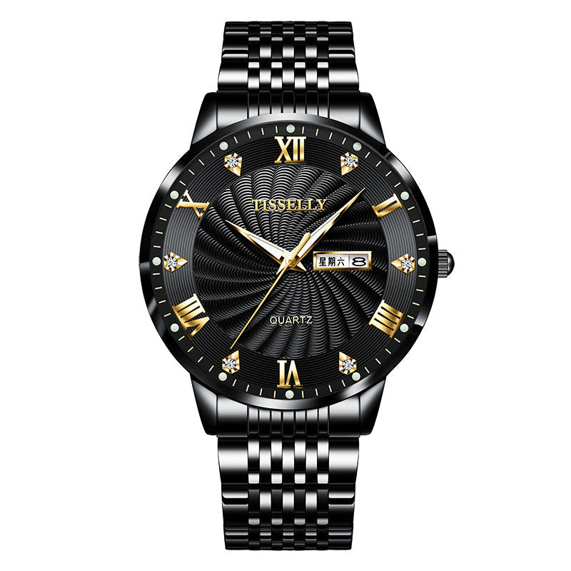 Herrenuhr mit Stahlband und doppeltem Kalender, wasserdicht, leuchtende Quarzuhr