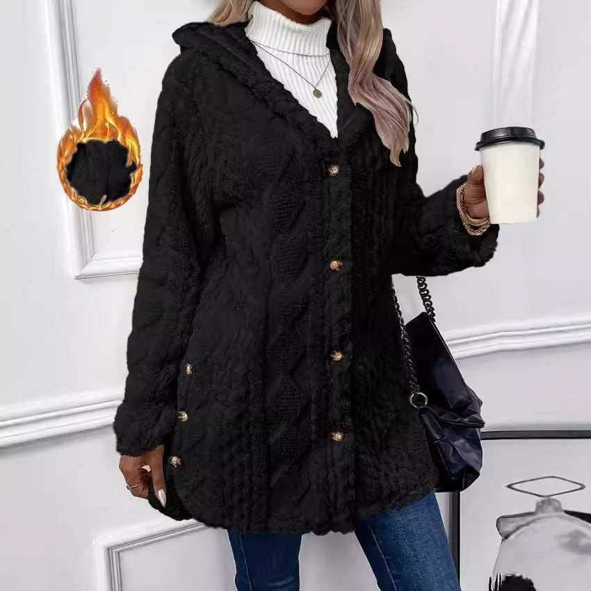 Strickjacke mit Kapuze und Knopf, lange Jacke, Winter, einfarbig, langärmelig