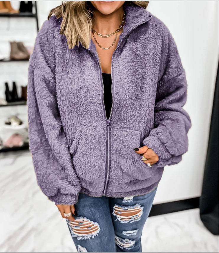 Neue, lockere Strickjacke aus Plüsch mit Reißverschluss für Damen in Einfarbig