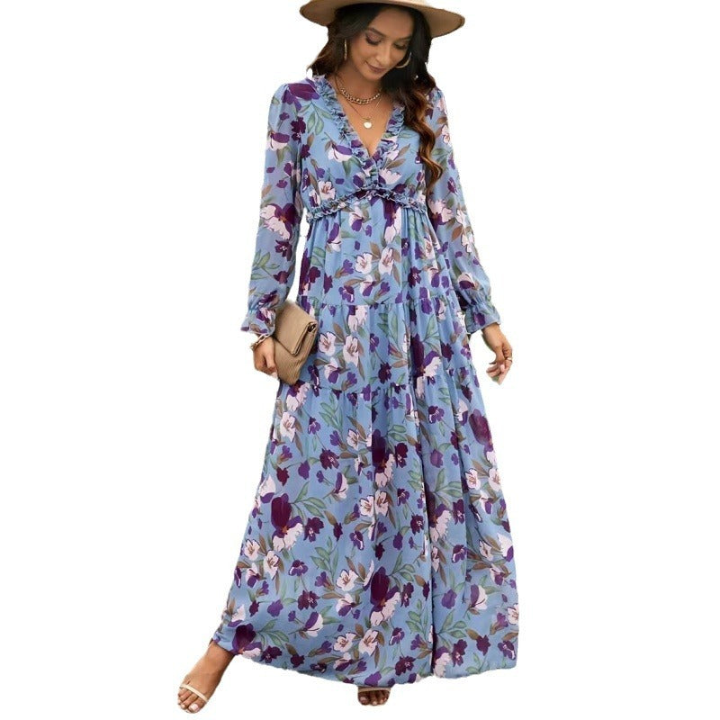 Damen Gerüschtes Lagenkleid mit langen Ärmeln Blumenpullover