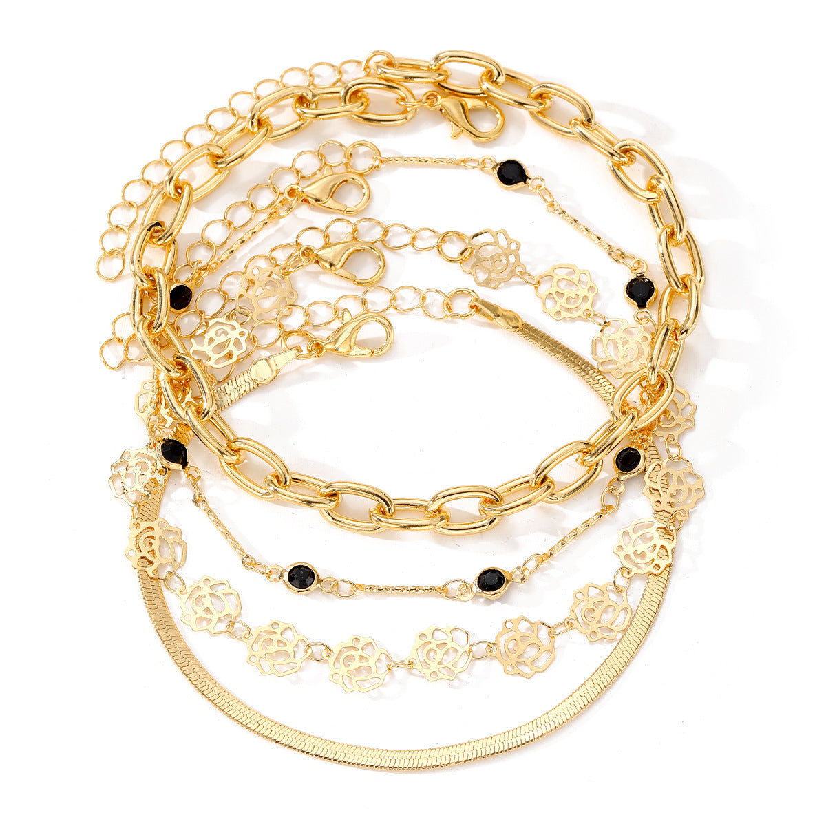 Fußkettchen mit Schlangenkette und Rosen und schwarzen Diamanten, 4-teiliges Set