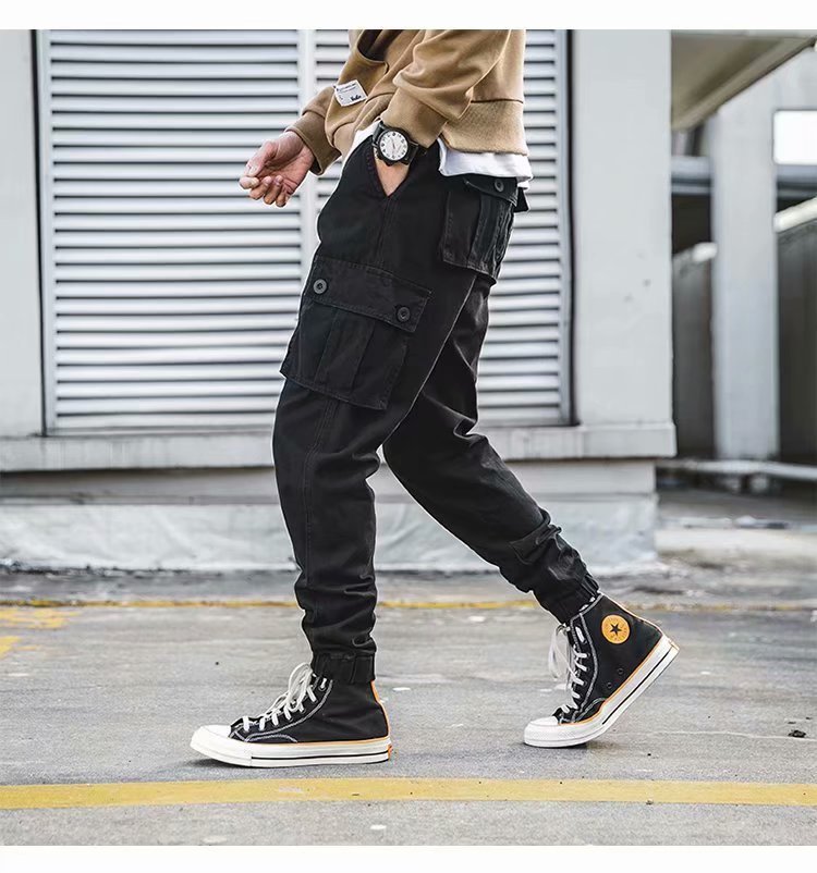 Overalls für Herren im amerikanischen Retro-Stil, lässig, lockere, verkürzte Hose, mehrere Taschen, Knöchelriemen