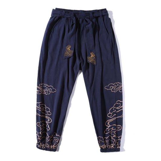 Neu Herrenhose im chinesischen Stil mit Aufdruck, lockere Hose mit weitem Bein, Übergröße