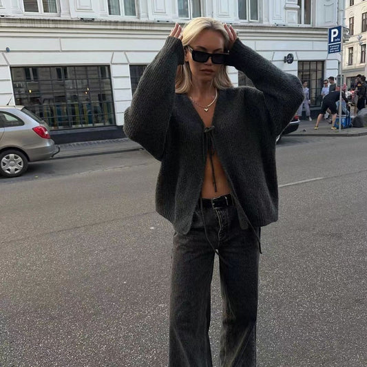 Pullovermantel mit Strickjacke im Retro-Stil für Damen mit einfacher Textur und sanftem Stil