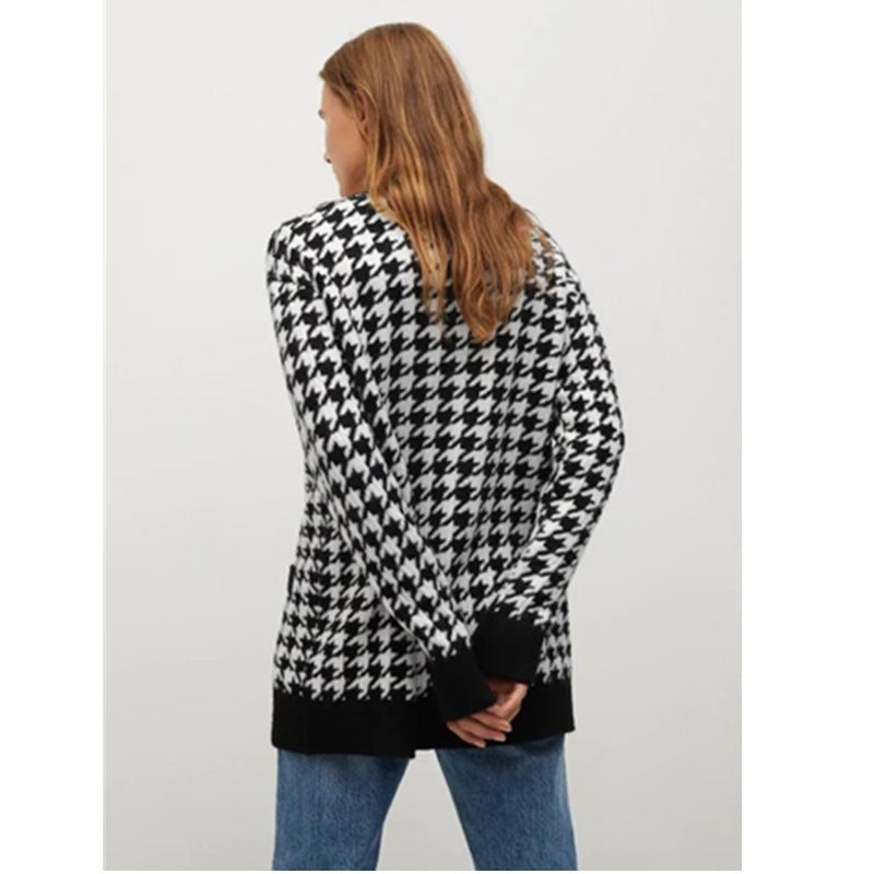 Europäischer und amerikanischer karierter Pendler-Strickpullover, lockere, lässige Strickjacke