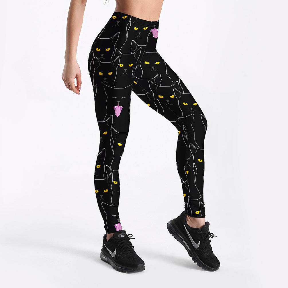 Schwarze, schmale Sport-Leggings für Damen mit Katzen-Print