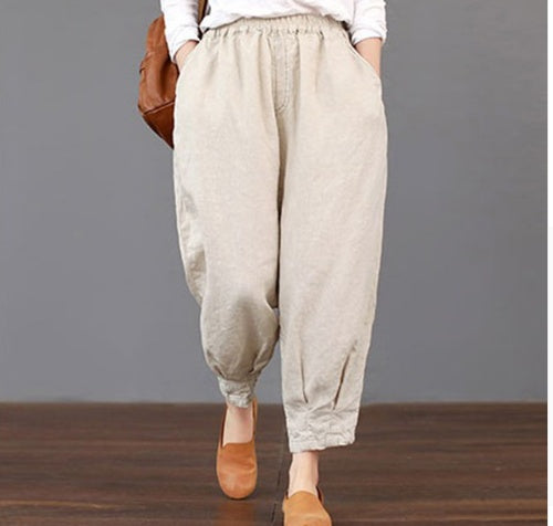 Frühling und Sommer neue literarische Fan Damen lässig einfarbig Baumwolle und Leinen elastische Taille wilde Damenhose war dünn Harlan 