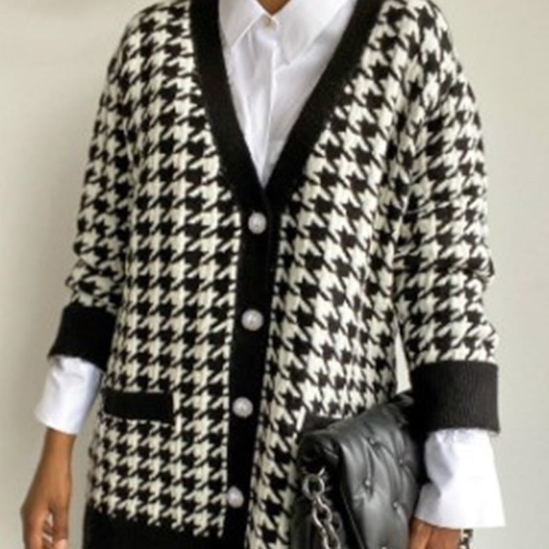 Europäischer und amerikanischer karierter Pendler-Strickpullover, lockere, lässige Strickjacke