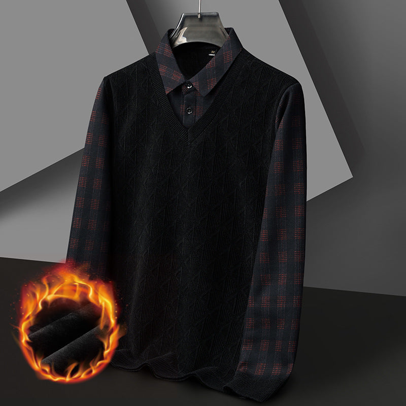 Men's Fleece-lined Thickened Fake Two-piece T-shirts Bottoming Shirt