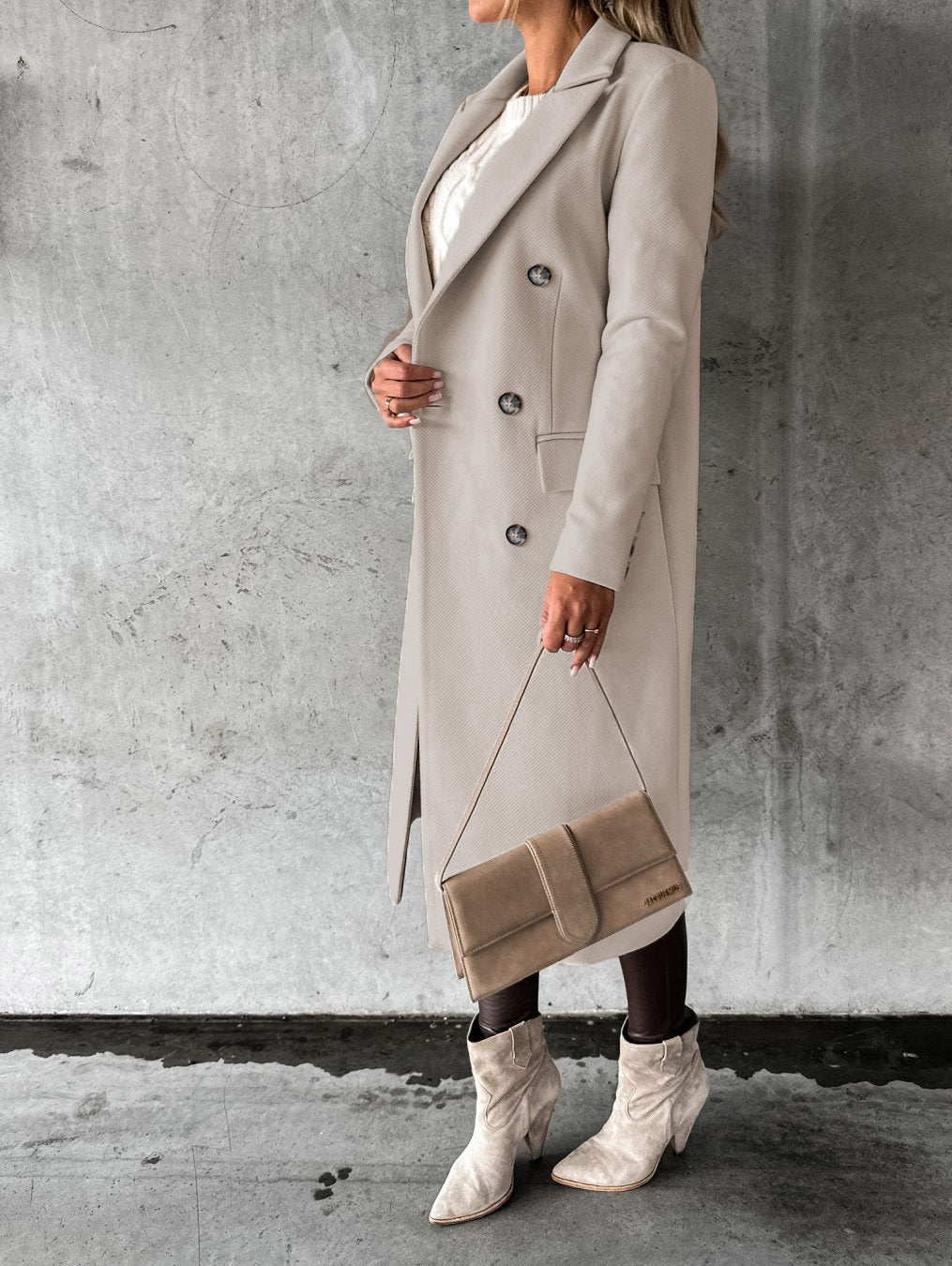 Langarm Revers Mantel Winter Mode Solide Zweireiher Schlank Lange Jacke Damen Kleidung