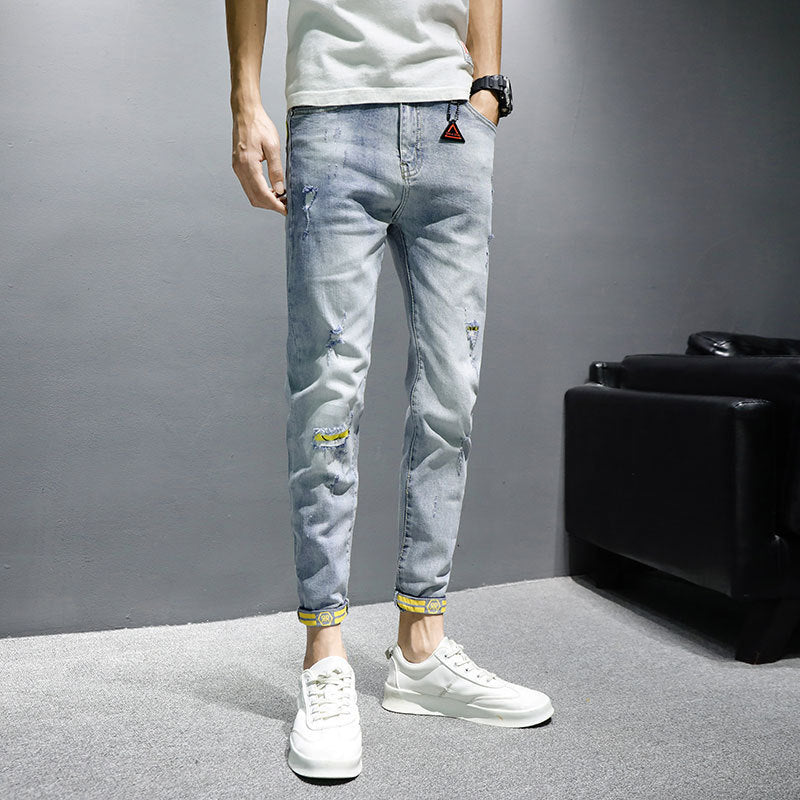Jeans Herren Trendy Marke Frühling Und Herbst Neue Schlanke Beiläufige Neun-Punkt-Hosen Herrenhosen