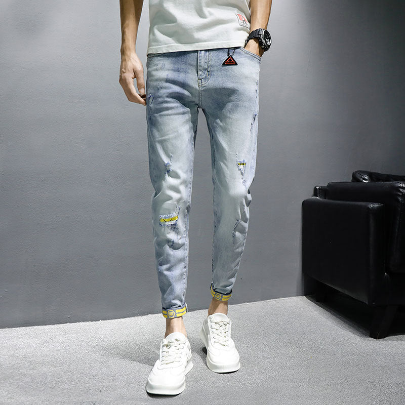 Jeans Herren Trendy Marke Frühling Und Herbst Neue Schlanke Beiläufige Neun-Punkt-Hosen Herrenhosen