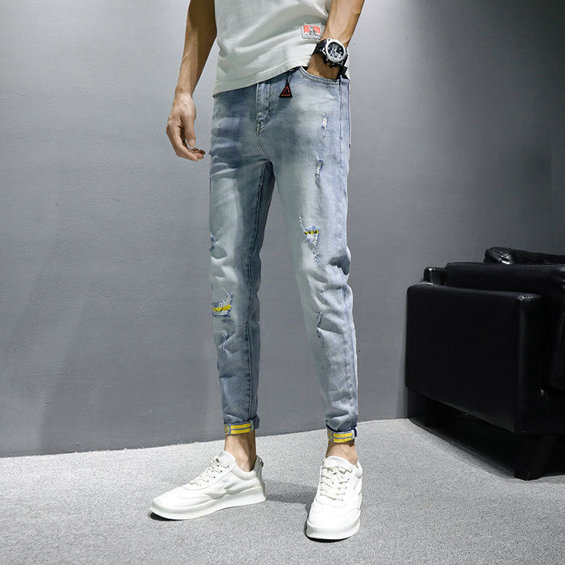 Jeans Herren Trendy Marke Frühling Und Herbst Neue Schlanke Beiläufige Neun-Punkt-Hosen Herrenhosen