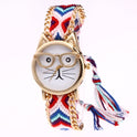 DIY handgestrickte Wollkette Ohren Katzengesicht Brillenuhr Neue ethnische Stil gewebte Damenarmbanduhr