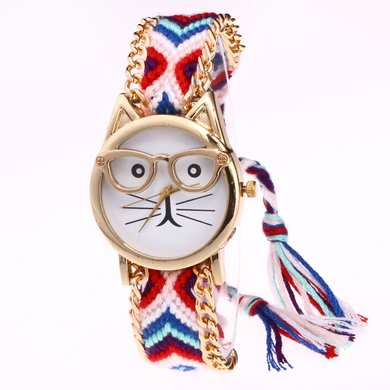 DIY handgestrickte Wollkette Ohren Katzengesicht Brillenuhr Neue ethnische Stil gewebte Damenarmbanduhr