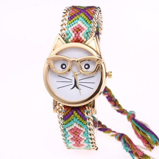 DIY handgestrickte Wollkette Ohren Katzengesicht Brillenuhr Neue ethnische Stil gewebte Damenarmbanduhr