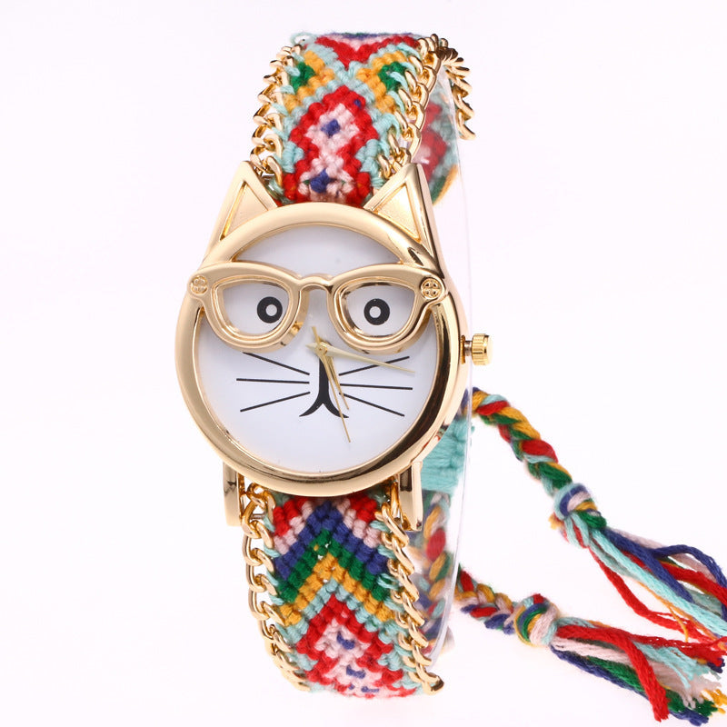 DIY handgestrickte Wollkette Ohren Katzengesicht Brillenuhr Neue ethnische Stil gewebte Damenarmbanduhr