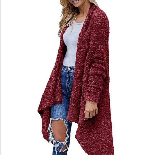 Neu Mittellange Strickjacke aus dickem Plüsch für Damen, einfarbig, mit langen Ärmeln, lockerer Mantel