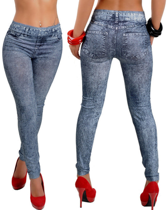 Schmale Leggings Bleistifthose aus Denim-Imitat mit Schneeflockenmuster