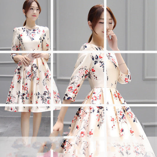 Summer New Three-Quarter Sleeves Puffy Skirt Mid-Length Temperament Bottoming Slim Dress