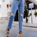 Ripped Washed Straight Leg Pants High Waist Denim Trousers