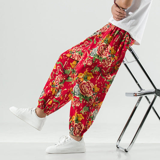 Atmungsaktive Baumwolle und Leinen Casual Plus Size Schritt Haremshose Pumphose
