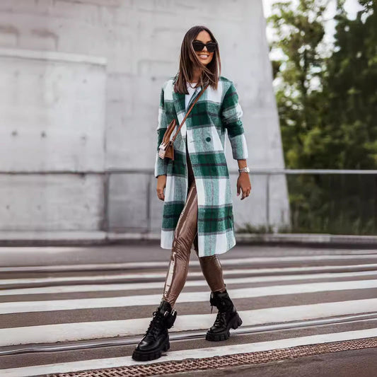 Europäische und amerikanische Herbst-/Wintermode aus gebürstetem, mittellangem, kariertem Wollmantel