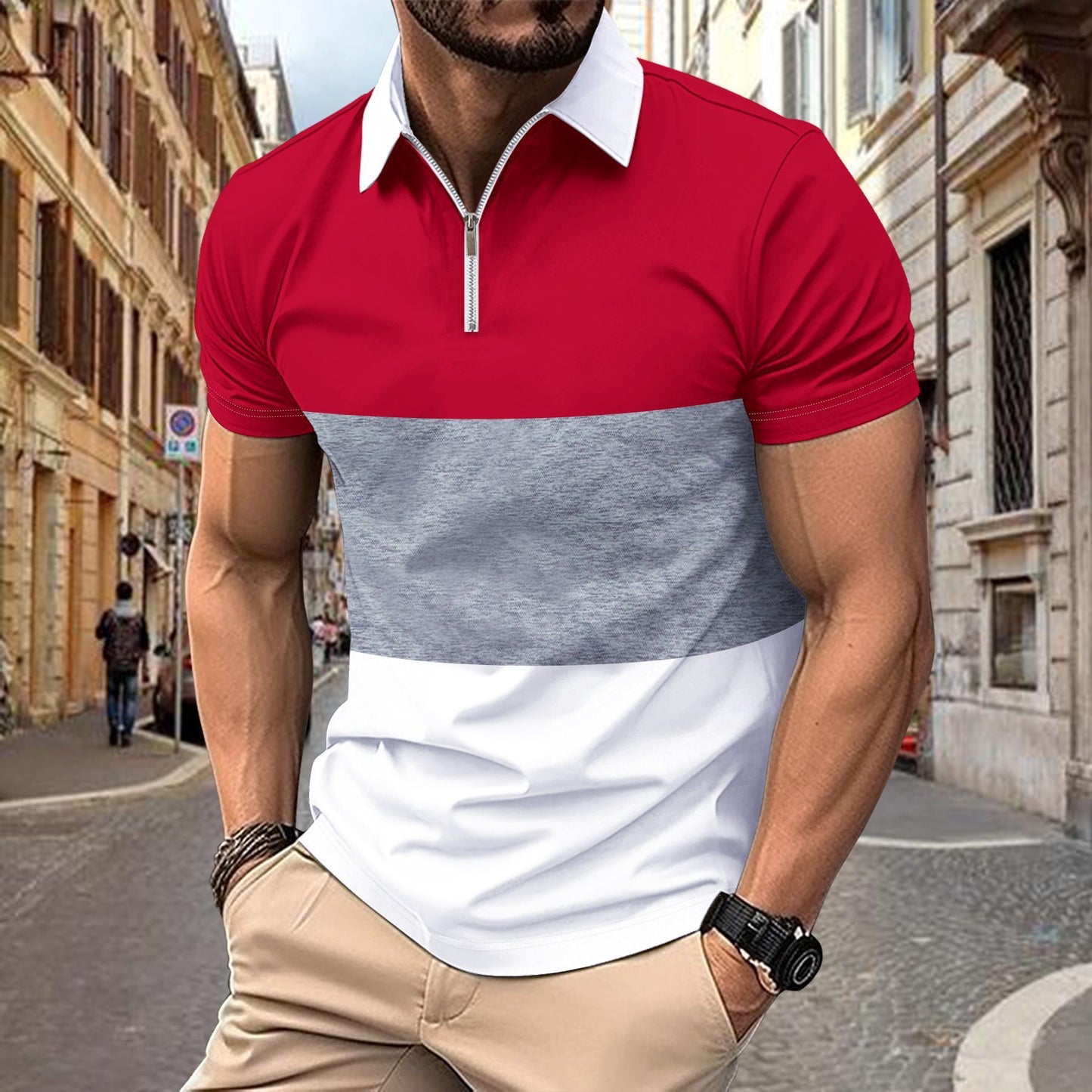 T-Shirt mit mehrfarbigem Aufdruck, Reißverschluss und Revers