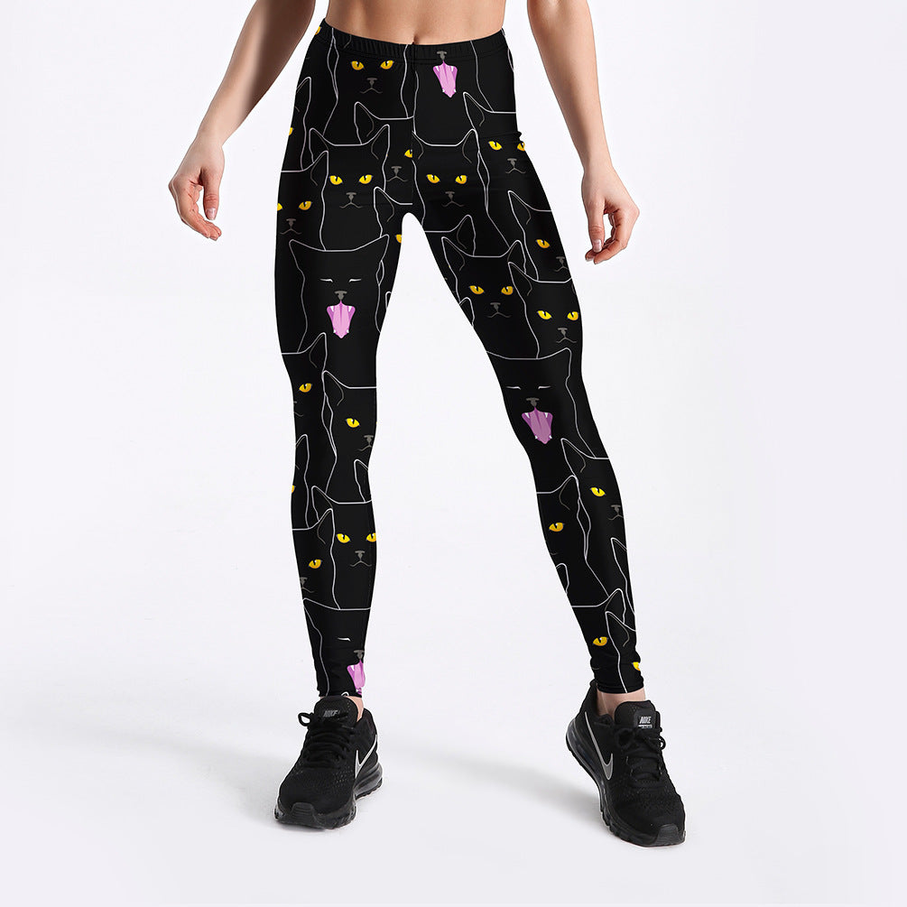 Schwarze, schmale Sport-Leggings für Damen mit Katzen-Print