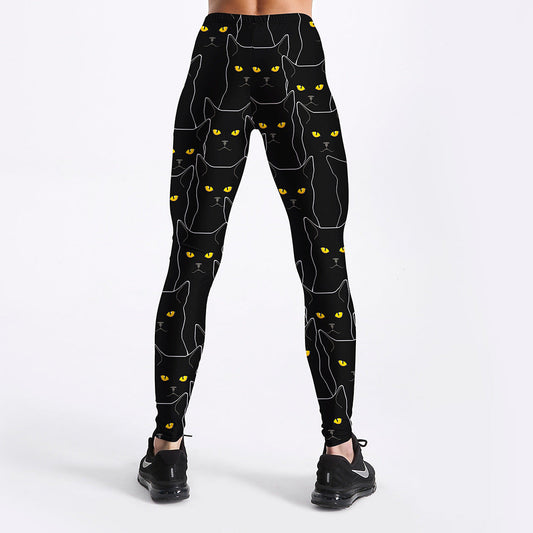 Schwarze, schmale Sport-Leggings für Damen mit Katzen-Print