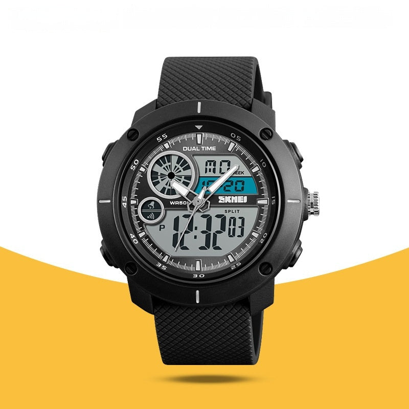 Wasserdichte Uhr mit Doppelanzeige, Outdoor-Sport, Student, Doppelzeitkalender, Chronograph, elektronische Uhr