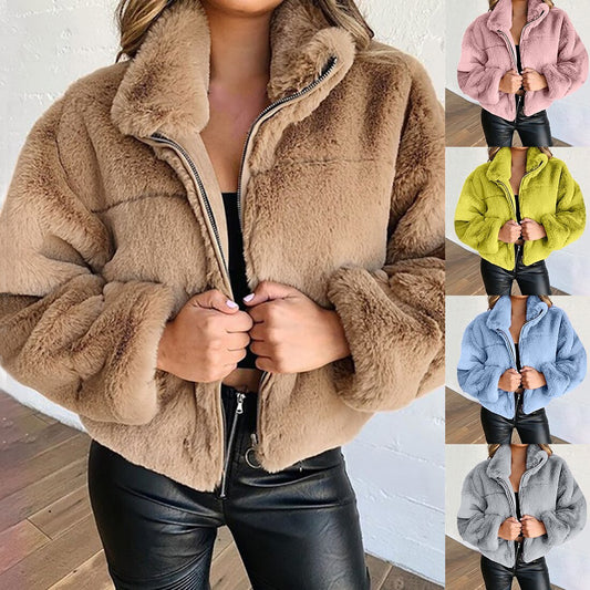 Damen Plüsch Kurzmantel mit Stehkragen Zipper Cardigan 