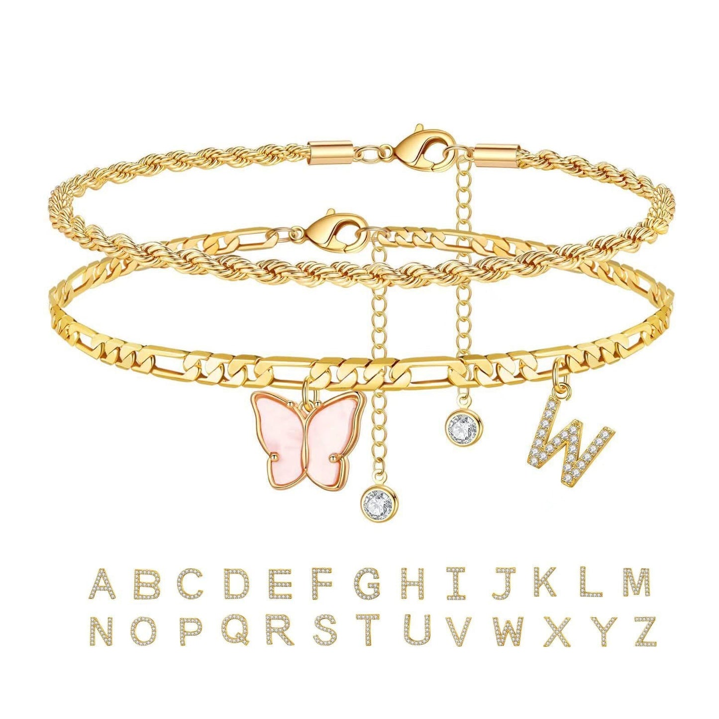 26 Buchstaben Fußschmuck Damen Schmetterling Doppellagig Stapel