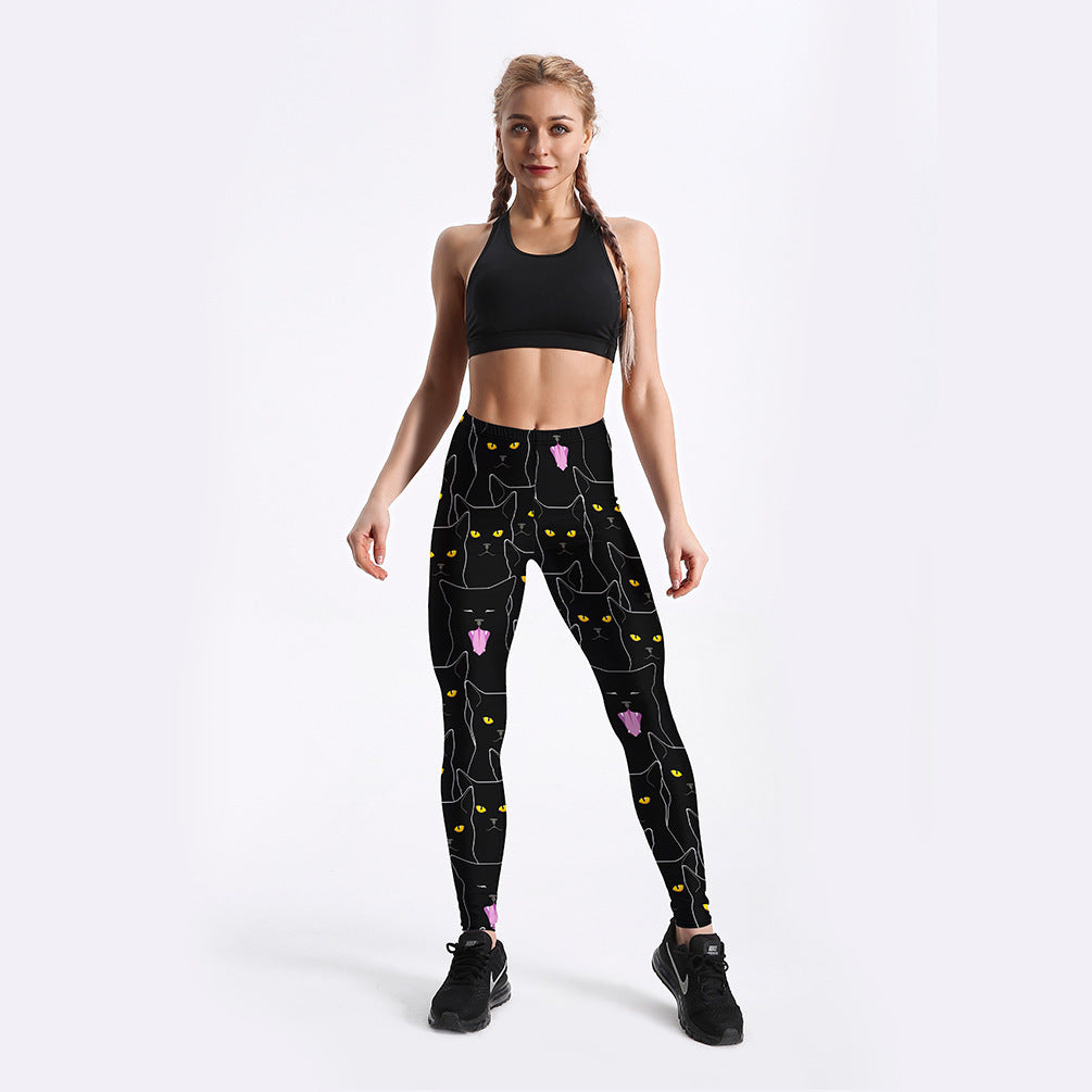 Schwarze, schmale Sport-Leggings für Damen mit Katzen-Print