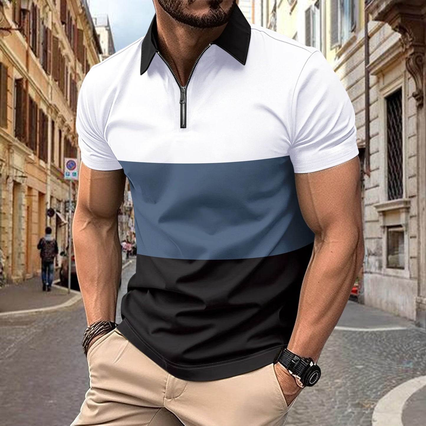 T-Shirt mit mehrfarbigem Aufdruck, Reißverschluss und Revers