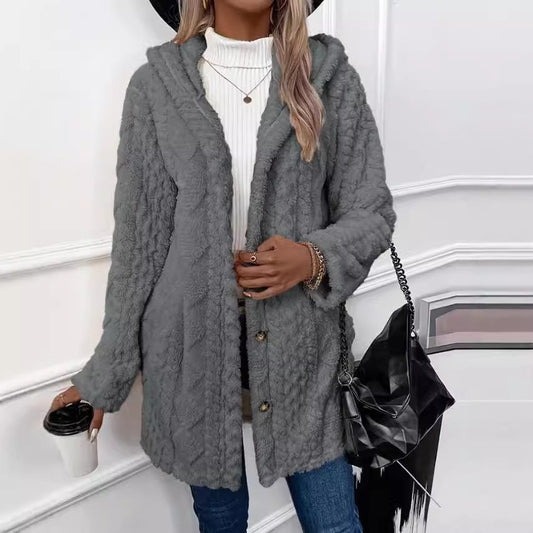 Strickjacke mit Kapuze und Knopf, lange Jacke, Winter, einfarbig, langärmelig