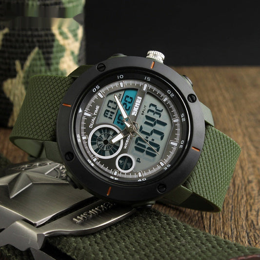 Wasserdichte Uhr mit Doppelanzeige, Outdoor-Sport, Student, Doppelzeitkalender, Chronograph, elektronische Uhr