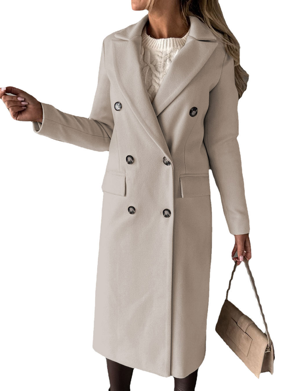 Langarm Revers Mantel Winter Mode Solide Zweireiher Schlank Lange Jacke Damen Kleidung